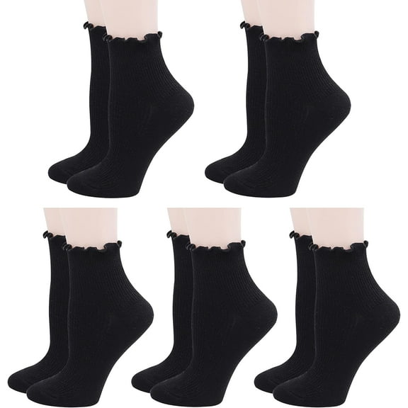 5 Pack Ankle Socks for Women, Ruffle Cuff Cotton Crew Socks, Frilly Knit Lettuce Cute Low Cut Socks