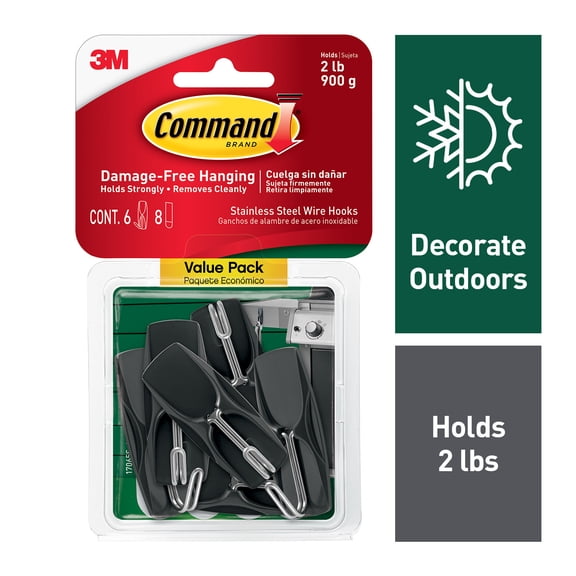 Command Outdoor Stainless Steel Wire Hooks Value Pack 17065S-6AWES, 6 hooks, 8 strips