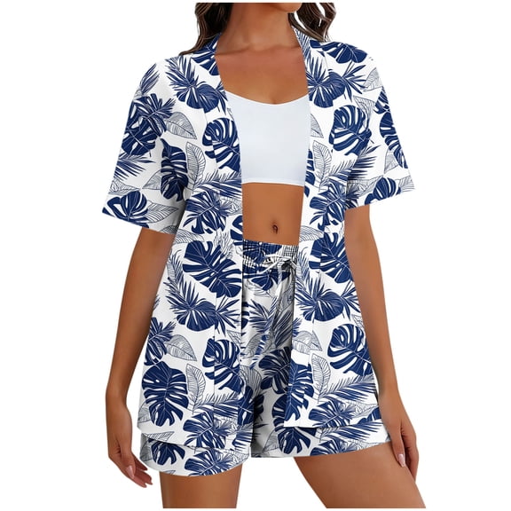 Rciityk Summer Sets Women 2 Piece Outfits Hawaiian Button Down Shirts and Shorts Floral Tropical Print Short Sets Beach Vacation Outfits