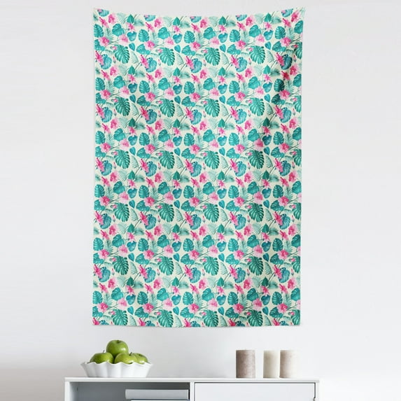 Jungle Tapestry, Monstera and Palm Foliage with Blooming Soft Pink Hibiscus, Fabric Wall Hanging Decor for Bedroom Living Room Dorm, 5 Sizes, Jade Green Pale Pink, by Ambesonne