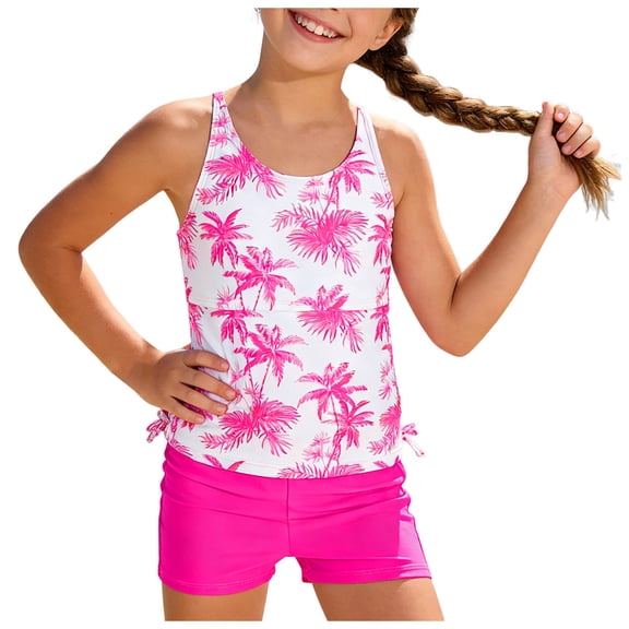 NIEWTR Girls Top Shorts Swimsuit Comfortable Soft Stylish Beach Print Girls Swimsuit Swimwear Beach Bathing Suit for Summer Vacation 12-13 Years Hot Pink