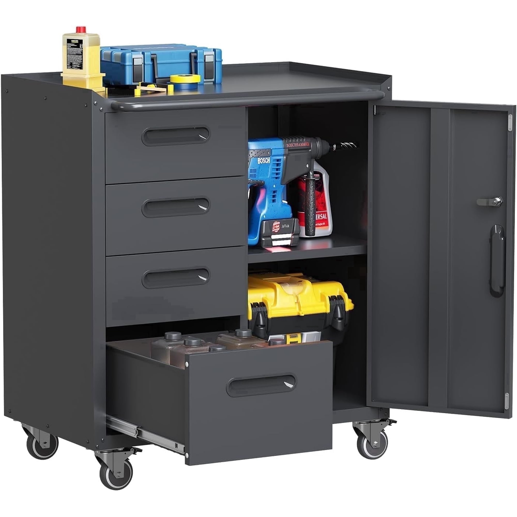 IKIMI Metal Garage Cabinet with Wheels, Rolling Tool Storage Cabinet with 4 Drawers and Lockable Door for Garage, Workshop and Home Organization, Black