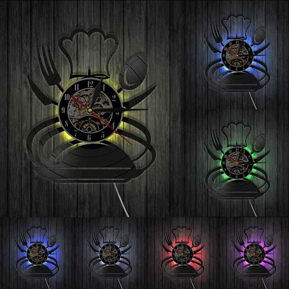 Retro Fork Knife And Spoon Kitchen Wall Art Wall Clock Silverware Design Dining Room Wall Decor Cutlery Vinyl Record Wall Clock With LED