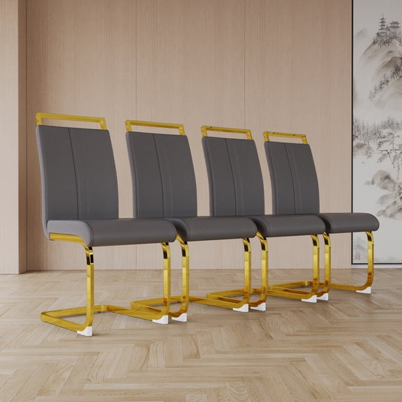 Dining Chairs Set of 4 PU Leather High Back Upholstered Chairs with Gold Metal Legs for Home Kitchen Dining Room Patio, Grey