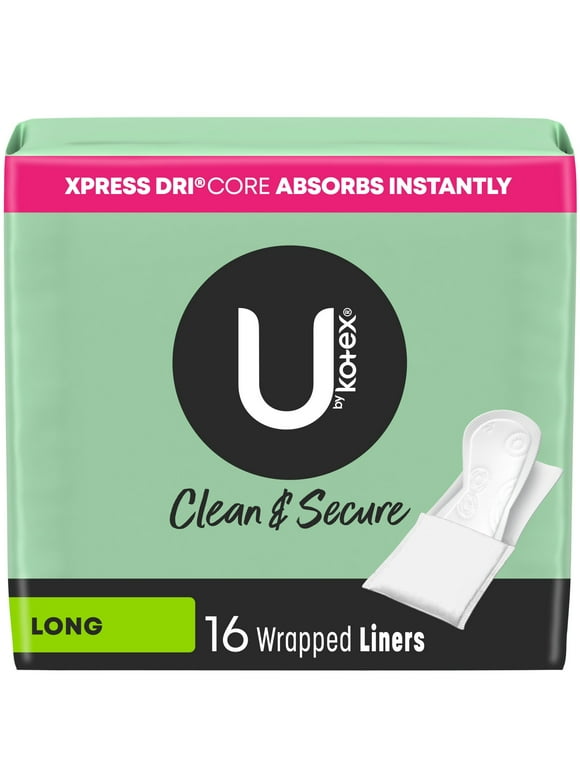 U by Kotex Clean & Secure Wrapped Panty Liners, Light Absorbency, Long Length, 16 Count