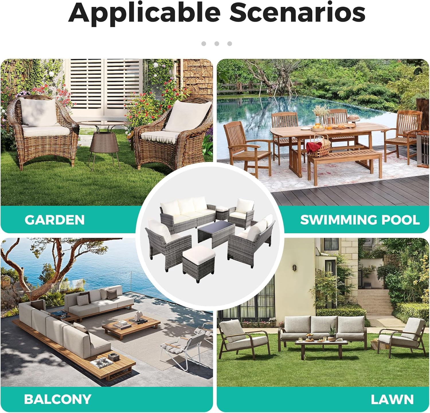 Ainfox 7-Piece Outdoor Wicker Patio Furniture Set, Sectional Conversation Set with 3-Seat Sofa, Loveseat, Coffee Table, Chairs & Ottomans, Gray, Space-Saving Design for Backyard, Porch, Poolside