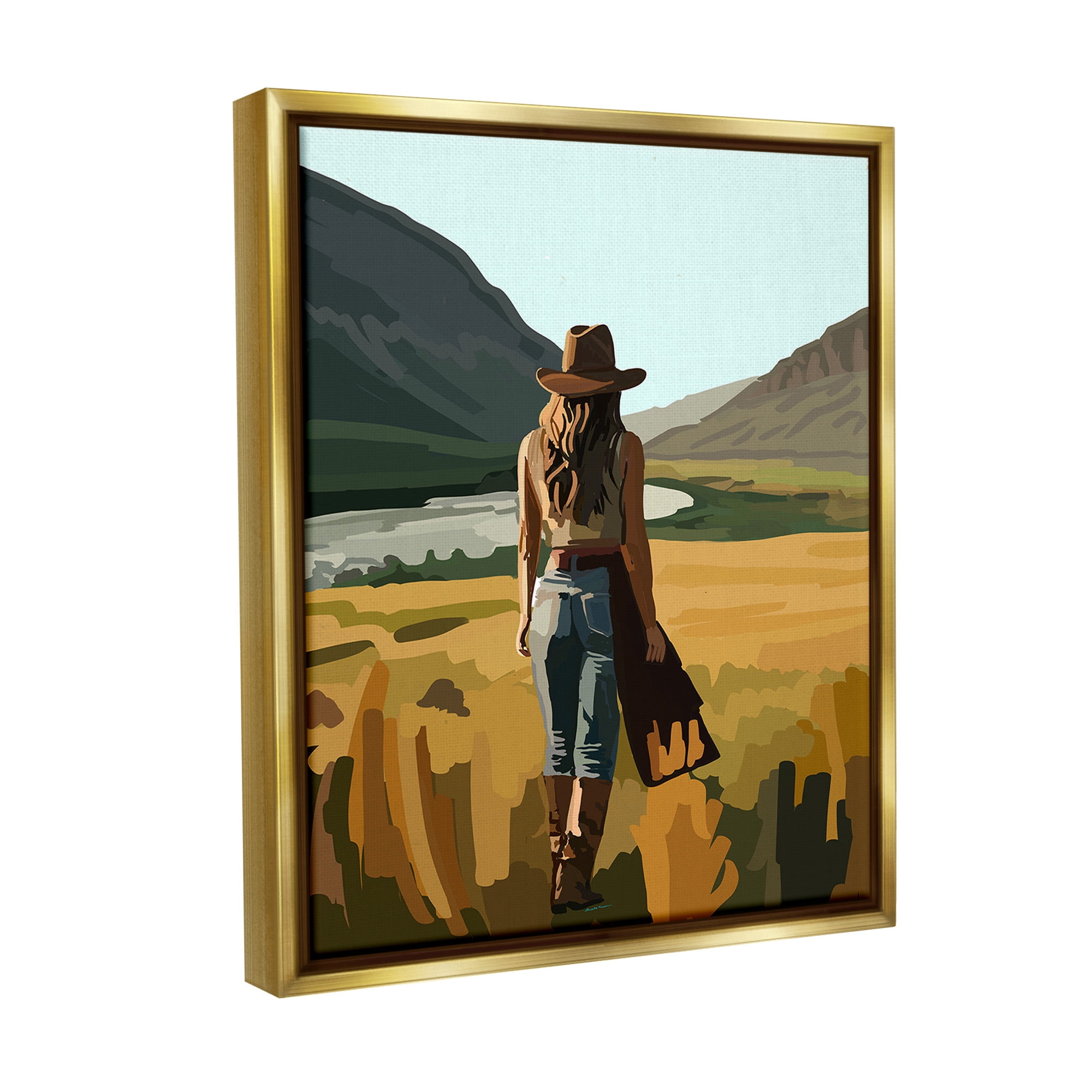 Stupell Industries Strolling Cowgirl in Desert Landscape Painting Gold Floater Framed Canvas Art Print Wall Art, 17 x 21