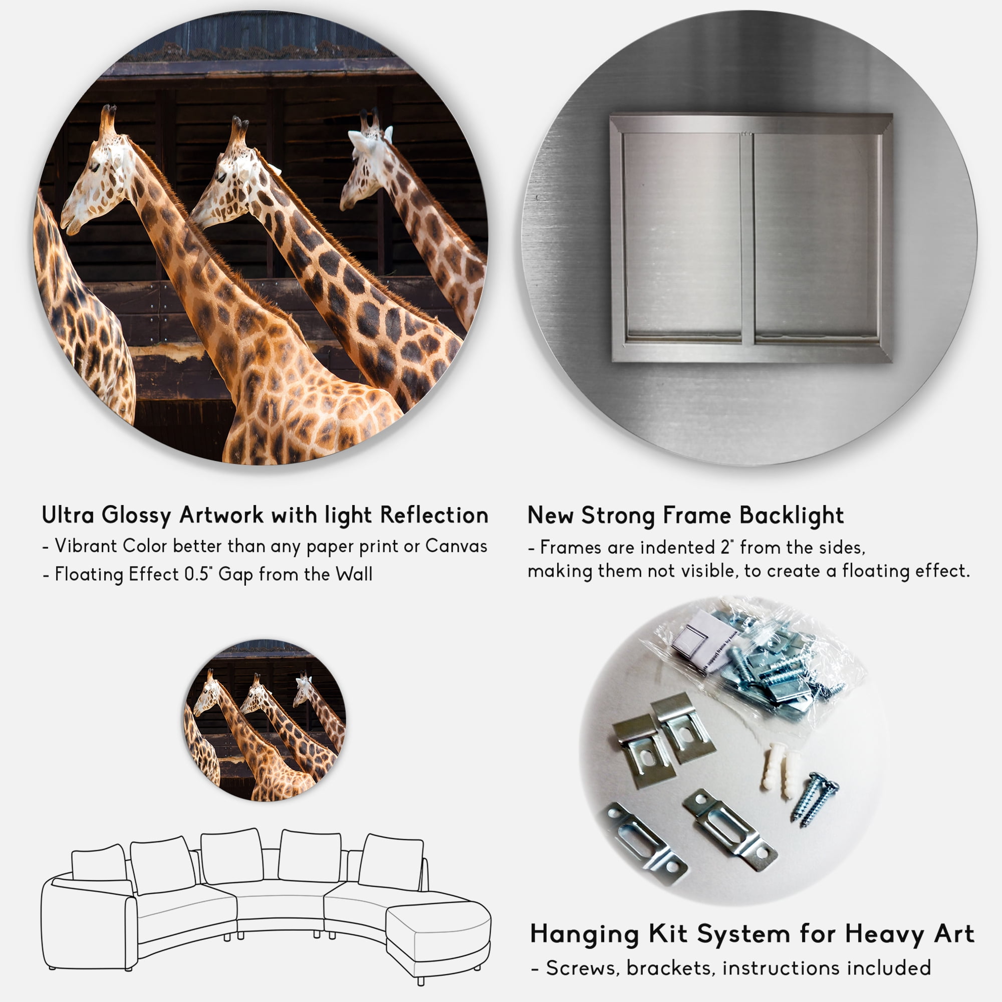 Designart 'Portrait Of Three Giraffes Running' Farmhouse Circle Metal Wall Art 23x23 - Disc of 23