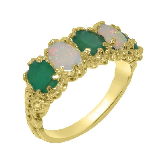 LBG British Made 18k Yellow Gold Natural Emerald & Opal Womens Eternity Ring - 33 size options - Size 5