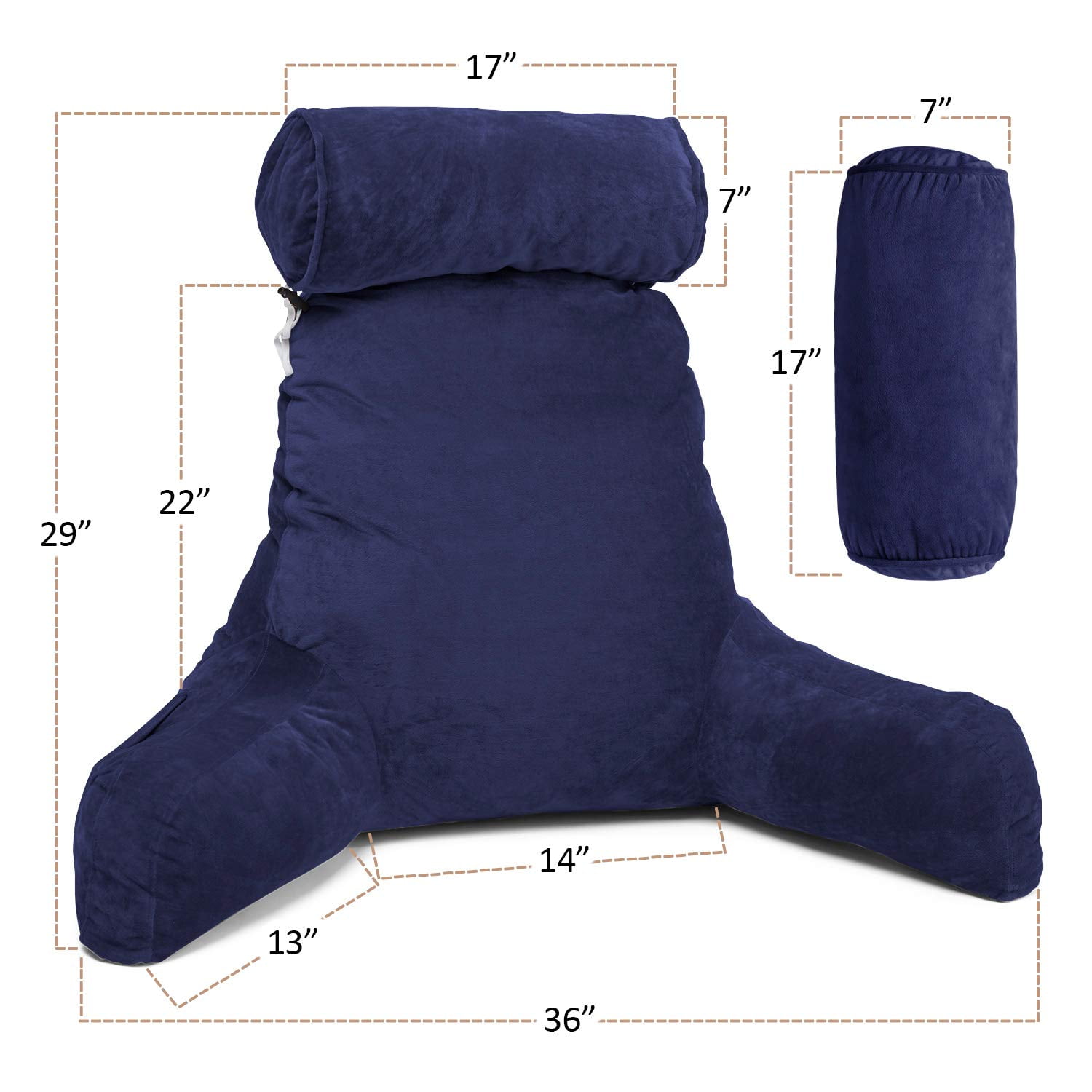Clara Clark Bed Rest Reading Pillow with Arms and Pockets - Premium Shredded Memory Foam TV Pillow, Detachable Neck Roll & Lumbar Support Pillow, Large, Navy Blue