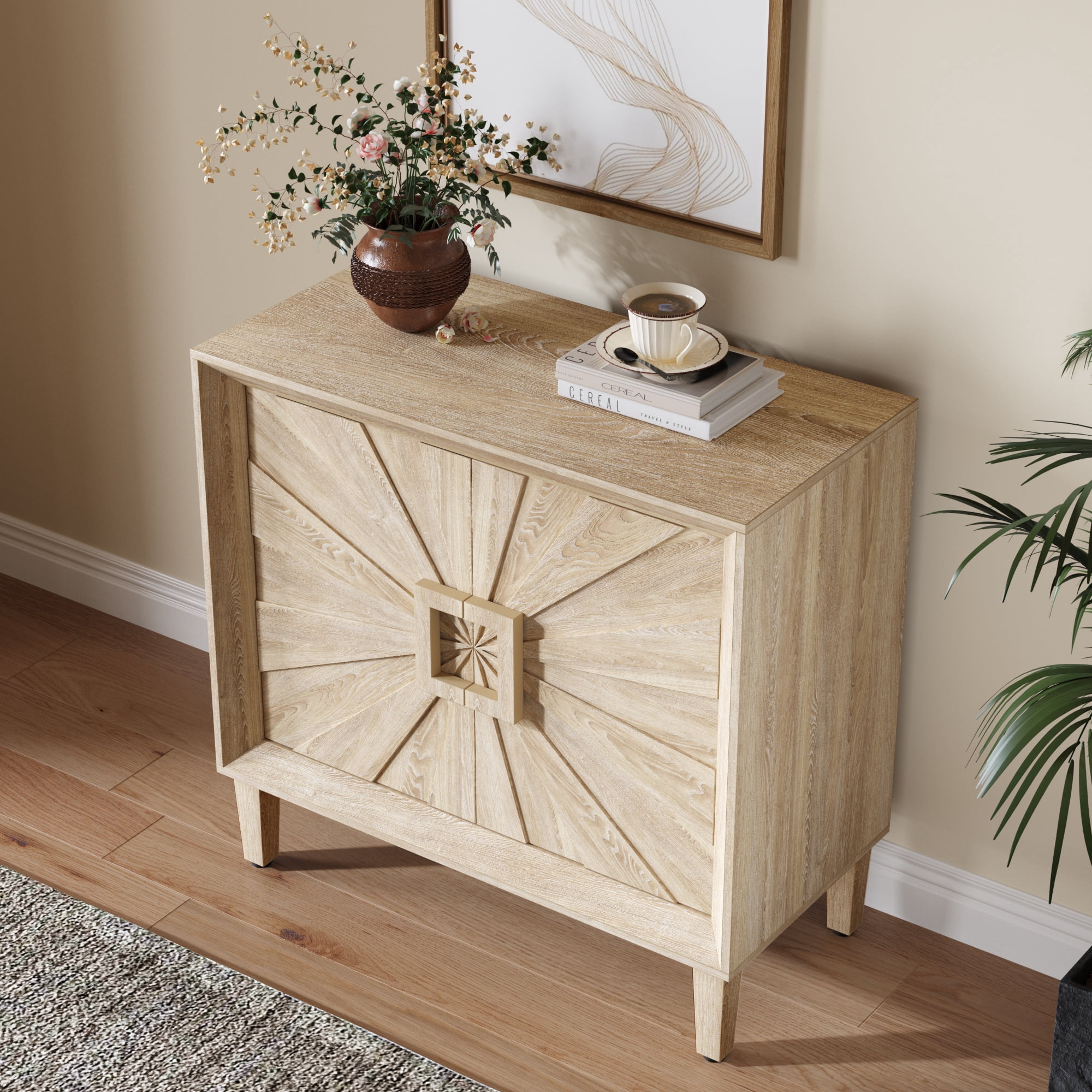 31.5" Antique Natural Mid-Century Modular Credenza Sideboard Buffet, Small Space Cabinet with Symmetrical Sunburst Doors, Accent Cabinet with Adjustable Shelves for Dining Room, Entryway & Hallway