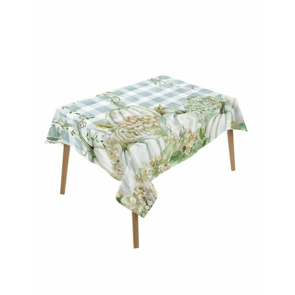Rectangle Tablecloth 52 x 70 Inches Fall Thanksgiving Watercolor Green Pumpkins Hydrangea Eucalyptus Leaves Gray Plaid Waterproof Table Cloth Fabric Table Cover for Dinning/Party/Buffet/Banquet
