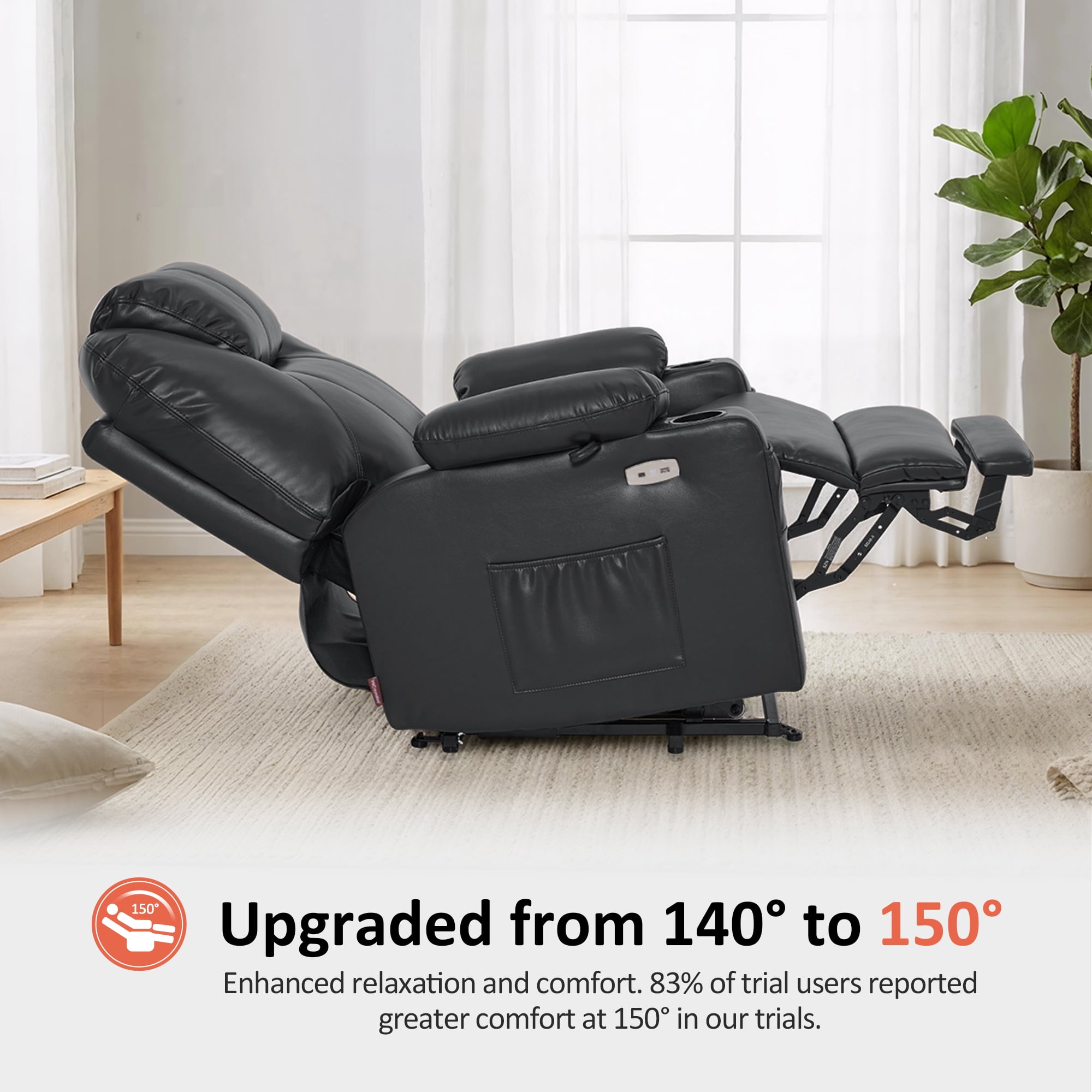 MCombo Medium-Wide Power Lift Recliner Chair Sofa with Massage and Heat for Elderly People, Cup Holders, USB&Type C Ports, Side Pockets, Faux Leather (Black, Medium-Wide)