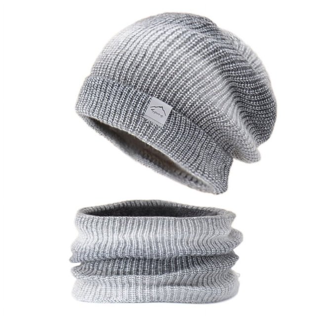 FINELOOK Conjunto de bufanda de sombrero de punto de otoño e invierno para mujer, gorro de color degradado para mujer