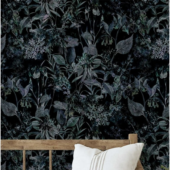 S4Sassy Dark Tropical Foliage Wallpaper - Black Wall Covering, 25" x 120" Self-Adhesive Vinyl Wall Paper, Decorative Walls Wrap, Easy DIY Walls Covering For Bedroom, Living Room, Living Space