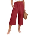 thumbnail image 2 of Women's Wide Leg Capri Linen Pants Elastic Waist Casual Lounge Trousers Breathable Summer Beach Cropped Pants with Pockets Red M, 2 of 3