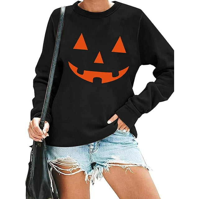 Chandails en Molleton Visage de Citrouille Halloween Femmes Mignon Pull Graphique Citrouille Décontracté Manches Longues Automne