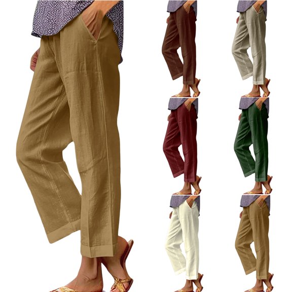 Yotami Cotton Linen Pants for Women High Waisted Loose Fitted Trousers with Pocket Wide Leg Solid Color Ankle Length Pant for Summer, Khaki S