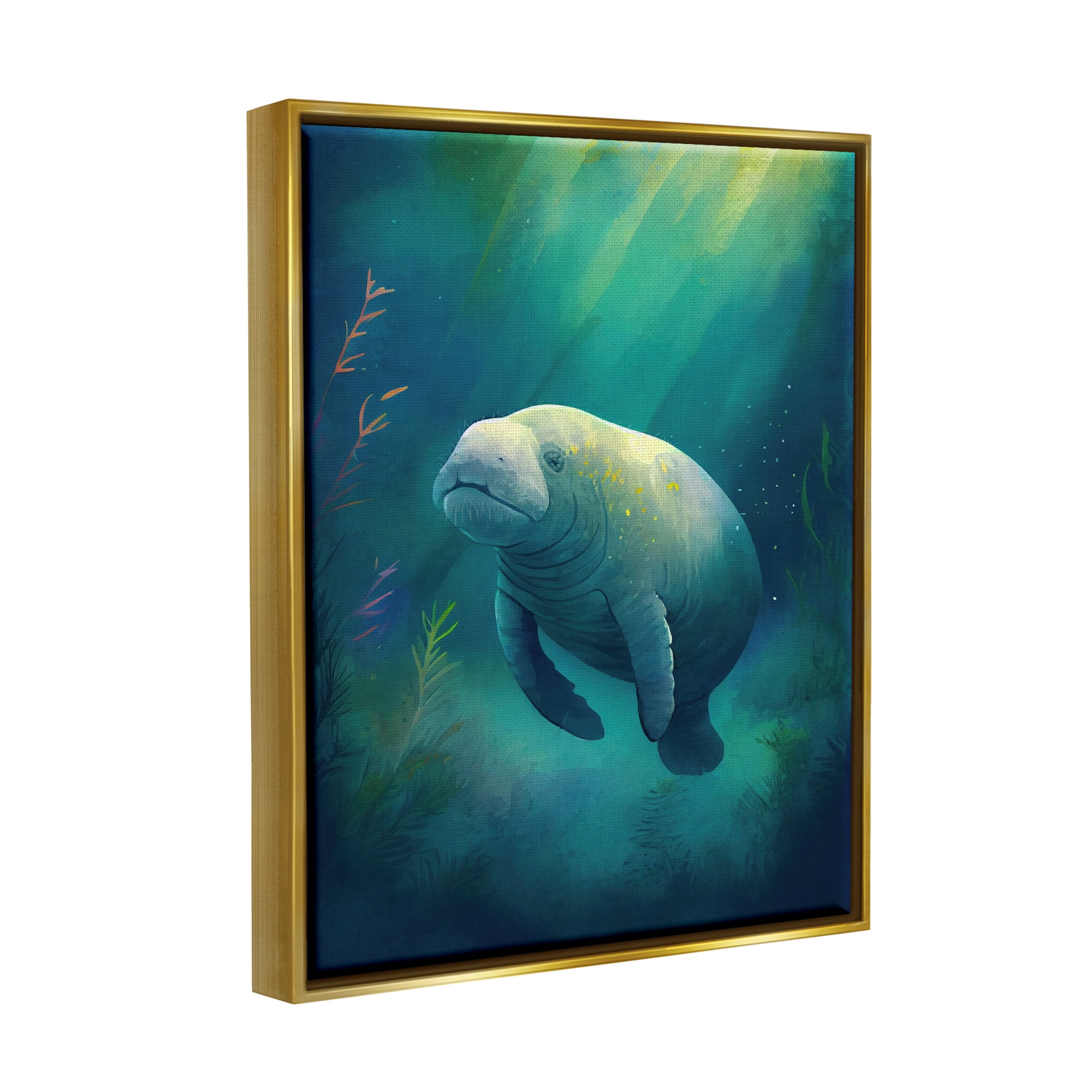 Stupell Industries Manatee Underwater View Animals & Insects Painting Gold Floater Framed Canvas Art Print Wall Art, 17 x 21