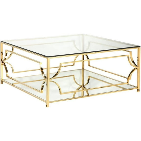 Pemberly Row Metal Square Coffee Table with Glass in Polished Gold