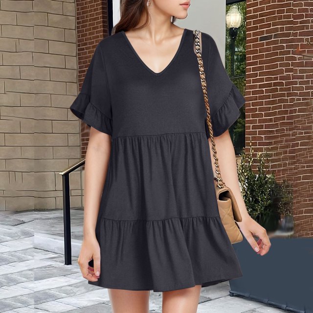 WILLBEST Robe d'Été Marzetti pour Femmes Col en V avec Poches à Volants Manches Courtes