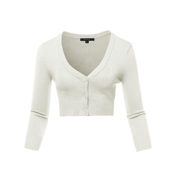 A2Y Women's Solid Cropped Bolero 3/4 Sleeve Button Down V-Neck Cardigan Sweater Ivory M