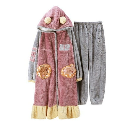 

DanceeMangoo FUNISHI Cartoon Nightdress Women Sleepwear Coral Fleece Hooded Plus Size Loose Version Inspissate Pajama Set Winter Pajamas