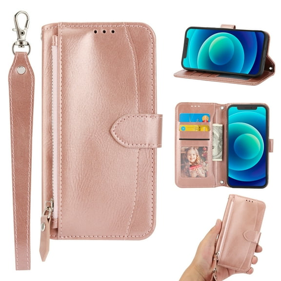 Nalacover for iPhone 14 Pro 6.1 inch Wallet Case,Shockproof Premium PU Leather Magnetic Closure Zipper Flip Kickstand Card Slots Anti-Scratch with Detachable Wrist Strap Phone Cover.Rosegold