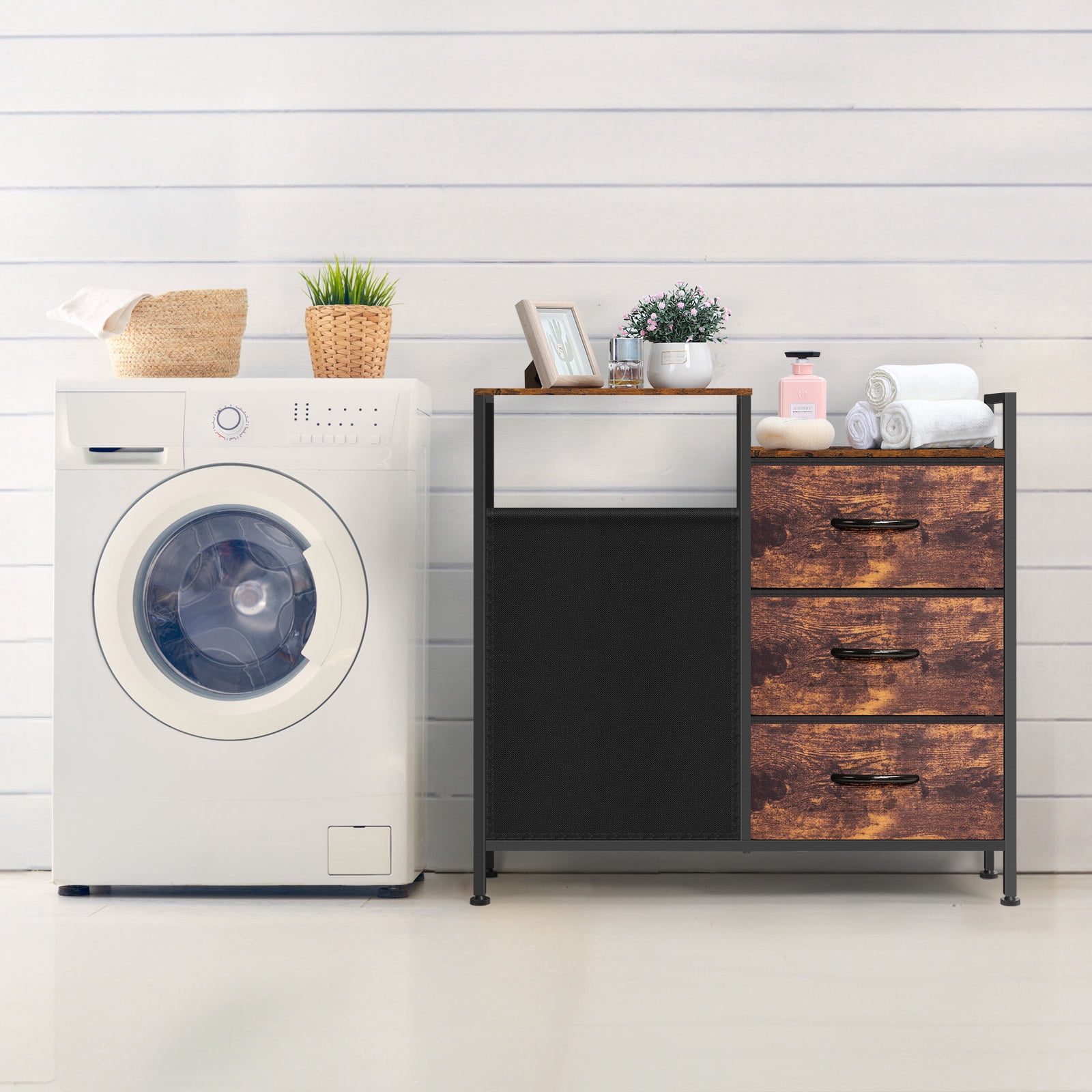 Multifunctional Laundry Hamper Cabinet with 3 Drawers, 60L Large Capacity Laundry Bag, Rustic Brown and Black Laundry Storage Unit for Laundry Room, Bedroom