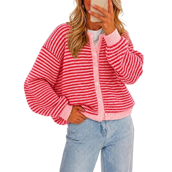 Stralyhd Womens Cardigan Sweaters Button Up Long Sleeve Casual Cardigans Knit Soft Crew Neck Sweater Cozy Loose Fit 2026 Spring Fall Outfits Red M