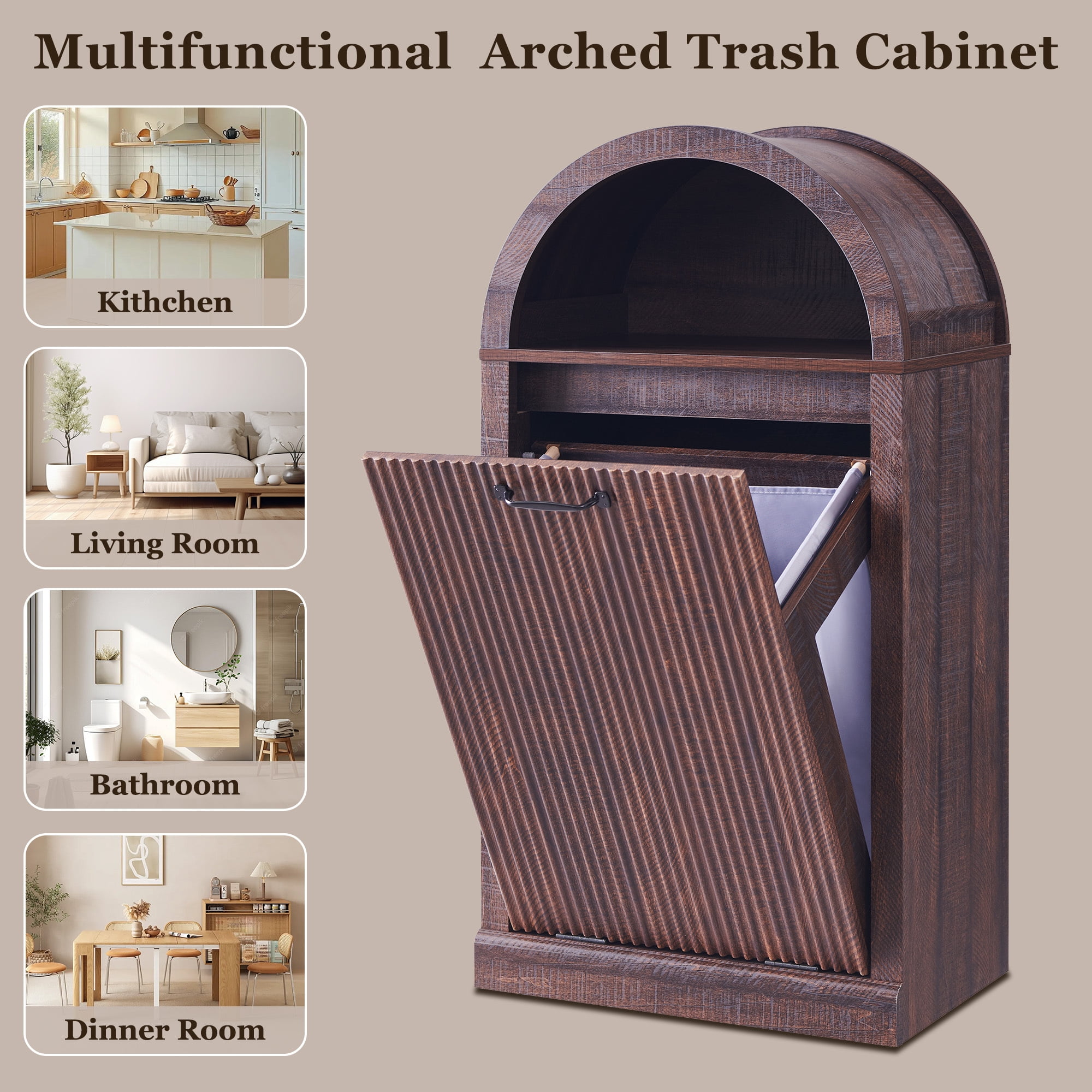 SinCiDo Arched Laundry Hamper Cabinet, 10 Gallon Fluted Hidden Garbage Can Cabinets with Laundry Basket, Free Standing for Bathroom & Kitchen, Brown