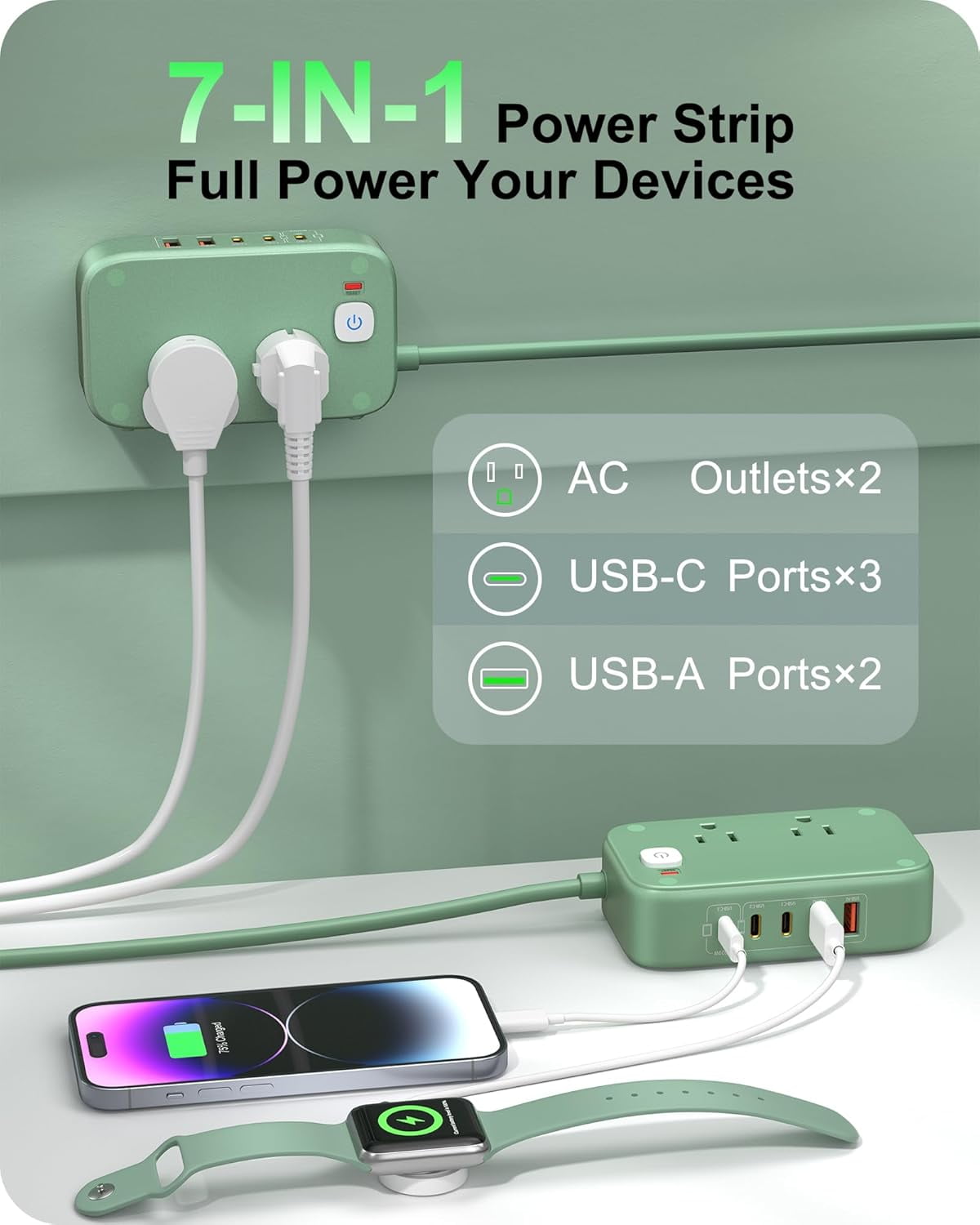 VHBW 20W USB C Charging Station with 2500W AC Outlets, 3 USB-C Ports, 2 USB-A Ports, 5ft Cord, 1 Pack