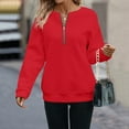 thumbnail image 2 of Comdrip Quarter Zip Women, Women' V Neck Pullover Top Zipper Waffle Knit Long Sleeve Sweatshirt Top Soft Sweatshirts Loose Pullover Tops Womens Pullover Red L, 2 of 5