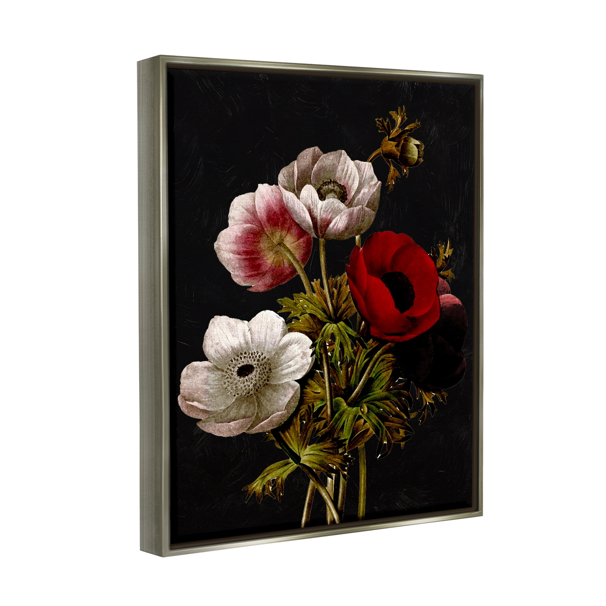 Stupell Industries Vintage Poppy Bouquet Botanical & Floral Painting Gray Floater Framed Art Print Wall Art, 17 x 21