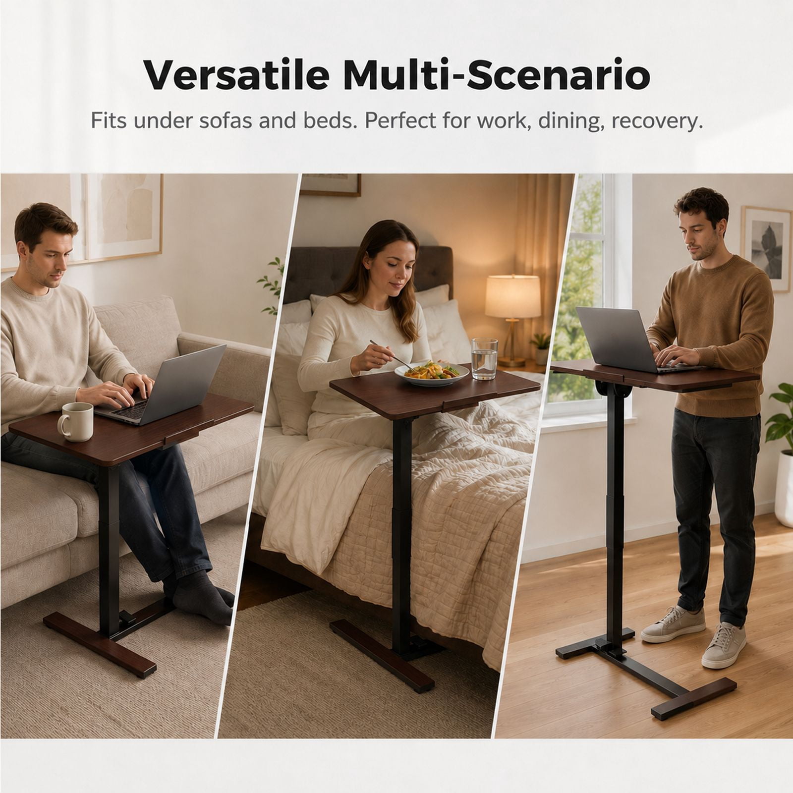 Alvantor Adjustable Bedside Table with Wheels, Overbed Table Portable Standing Cart & Laptop Desk with Adjustable Height and Inclination, Suitable for Bed, Couch, Wheelchair