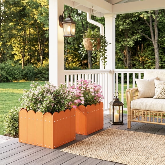 LIVIZA 2 Pack Planter Box with Drainage Holes, Weather-Resistant HDPE Outdoor Garden Bed, Orange