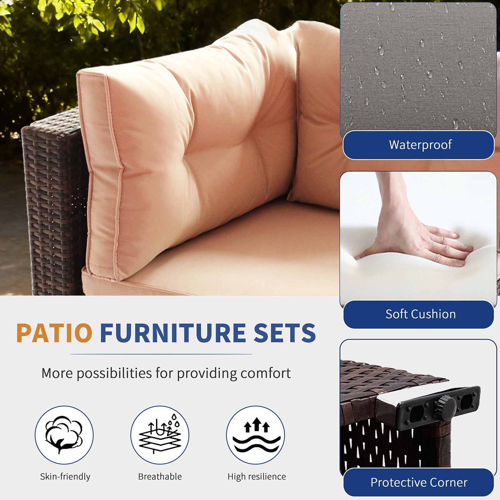 Tappio 7 Pieces Outdoor Patio Furniture Sets, PE Rattan Wicker Patio Conversation Sectional Set with Washable Thick Cushions and Coffee Table, Brown/Beige