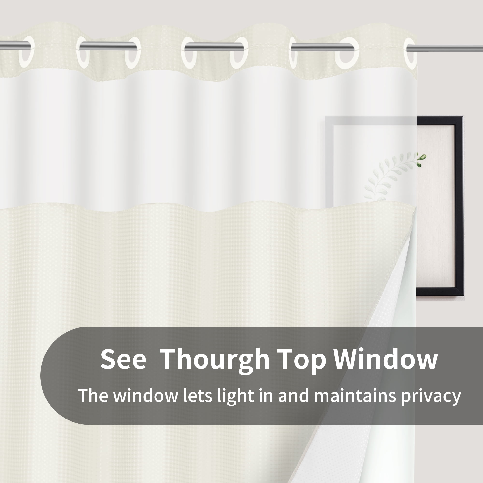 Ikfashoni Cream Hookless Shower Curtain with Snap in Liner,Waffle Weave Waterproof Fabric Mesh Window Bathroom Curtain,72"X74"