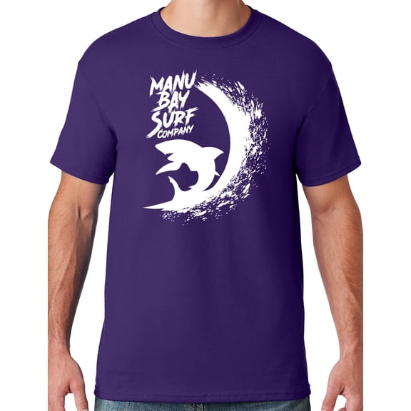 Mens Manu Bay Surf Company WHITE SURFING SHARK T-shirt, Medium Deep Purple