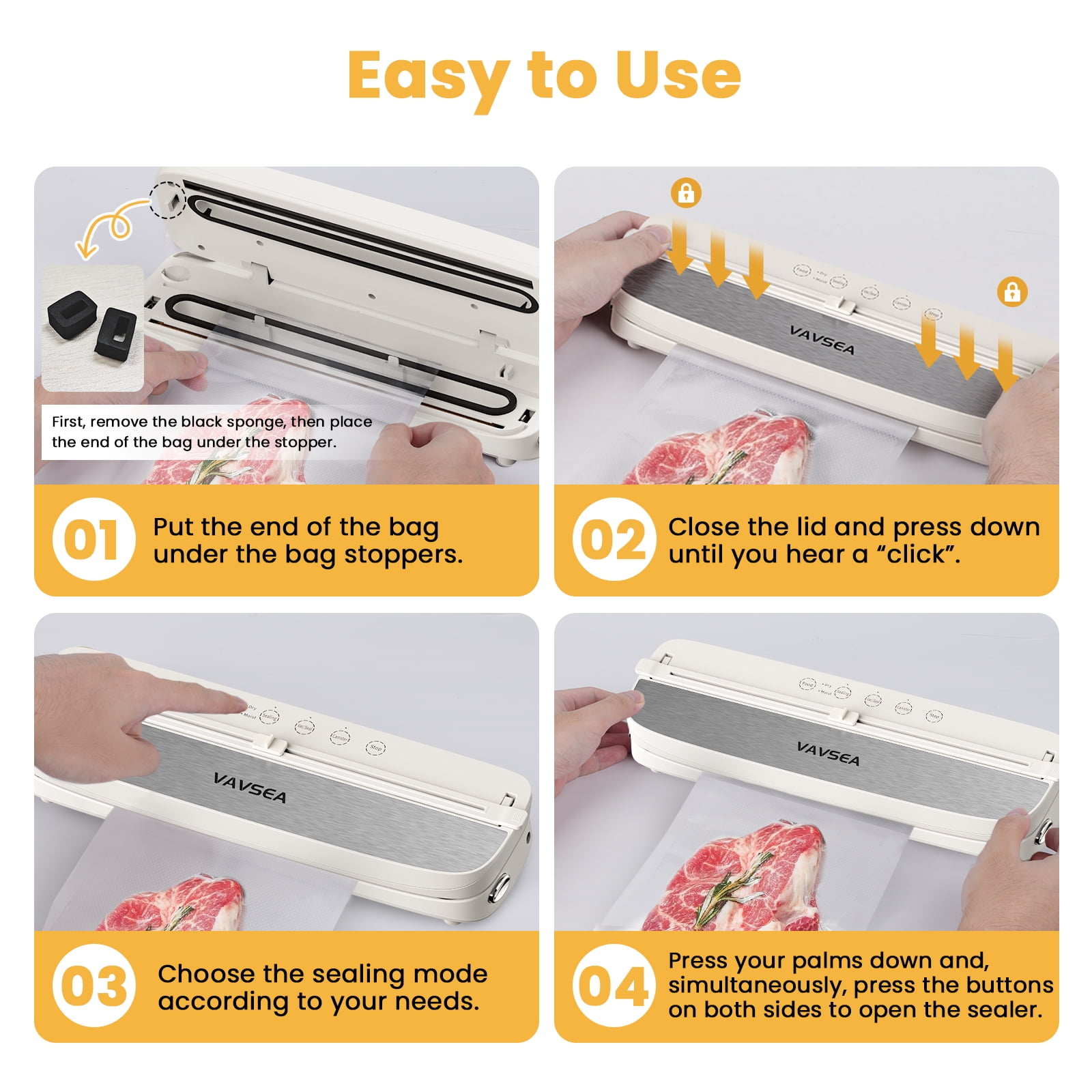VAVSEA 75Kpa Vacuum Sealer with Bags, 1 Roll & 10Pcs Bags, Automatic Food Sealer Machine with 6-in-1 Dry/Moist Modes, Built-in 2 Cutters, Compact Lightweight for Meal Prep and Storage