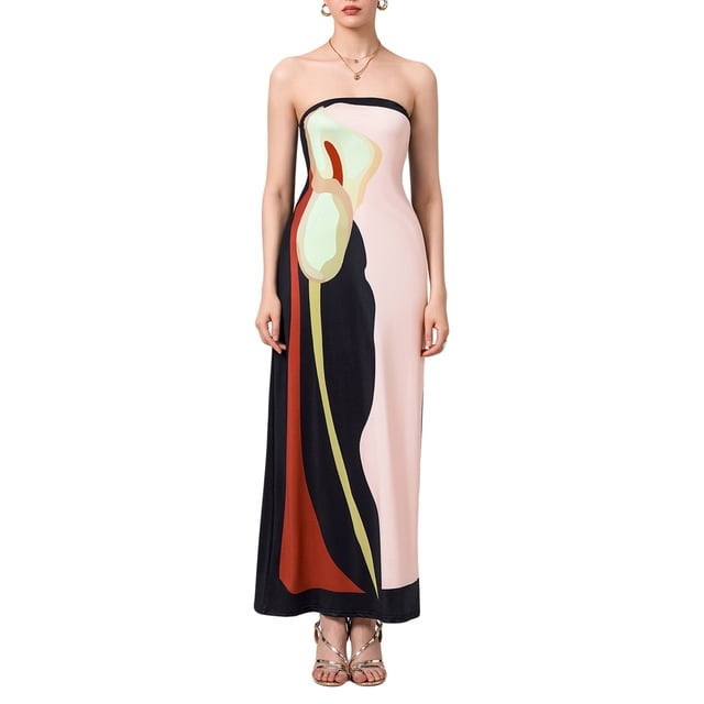 Gupgi Robe Tube Ample pour Femmes Épaules Dénudées Robe Contrastée Robe Longue d'Été Sans Bretelles