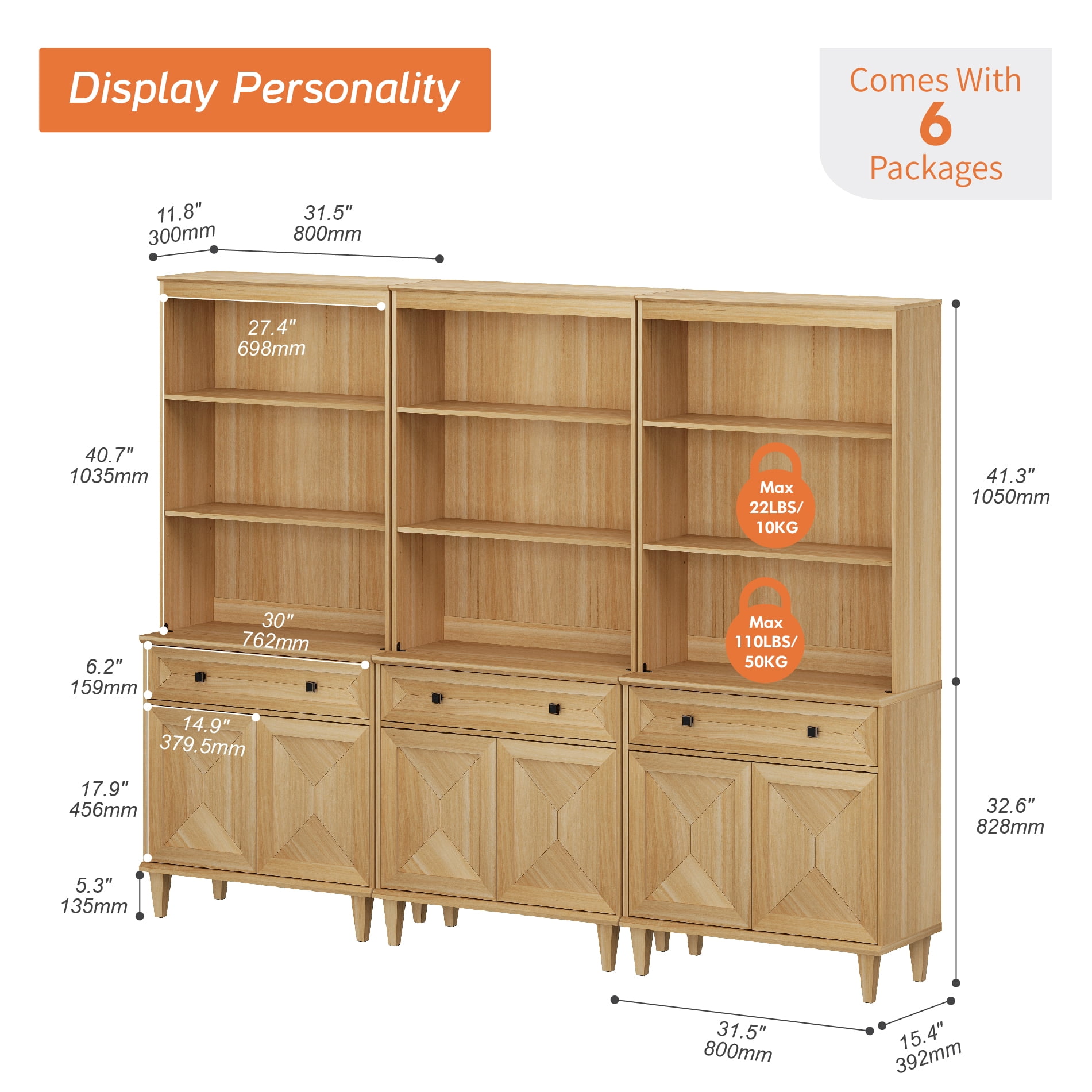 WAMPAT Handmade Patchwork 94.5" Wide Tall Bookshelf with Cabinets, Oak