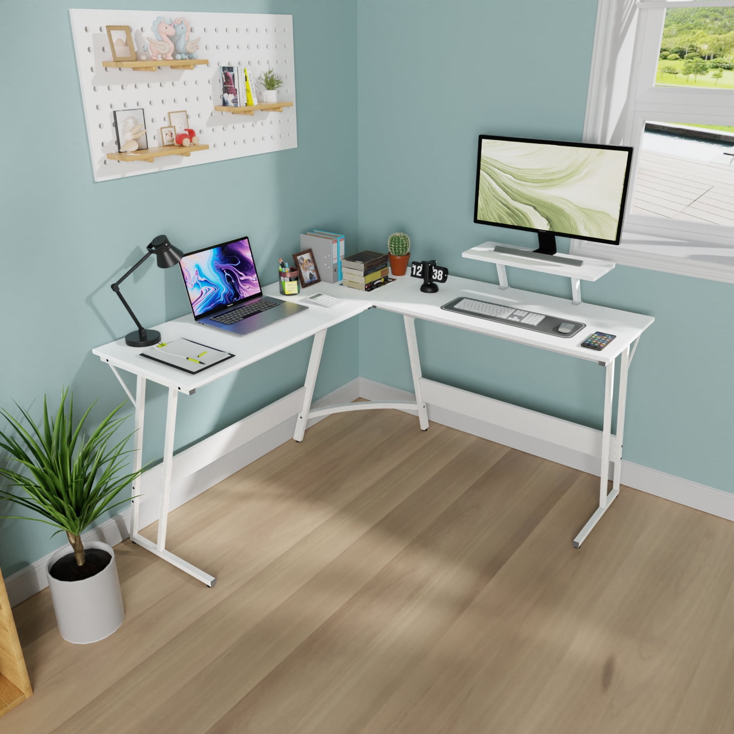 PayLessHere L Shaped Desk Corner Gaming Desk with Large Desktop Studying Working Desk, White