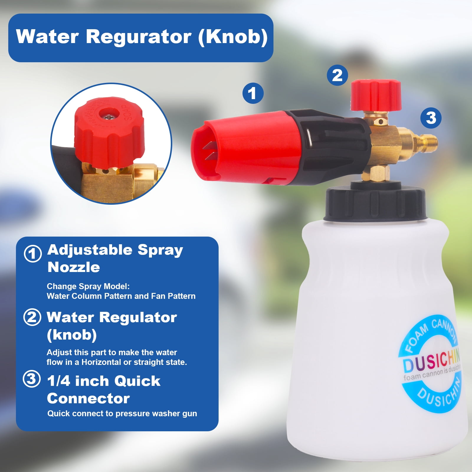 DUSICHIN Foam Cannon Short Pressure Washer Gun 1/4 Inch Quick Connector,5 Pressure Washer Nozzle Tips Car Wash Foam Gun 3/8'' Swivel Quick Connector,M22-14mm M22-15mm Fitting,Not Use with Garden Hose