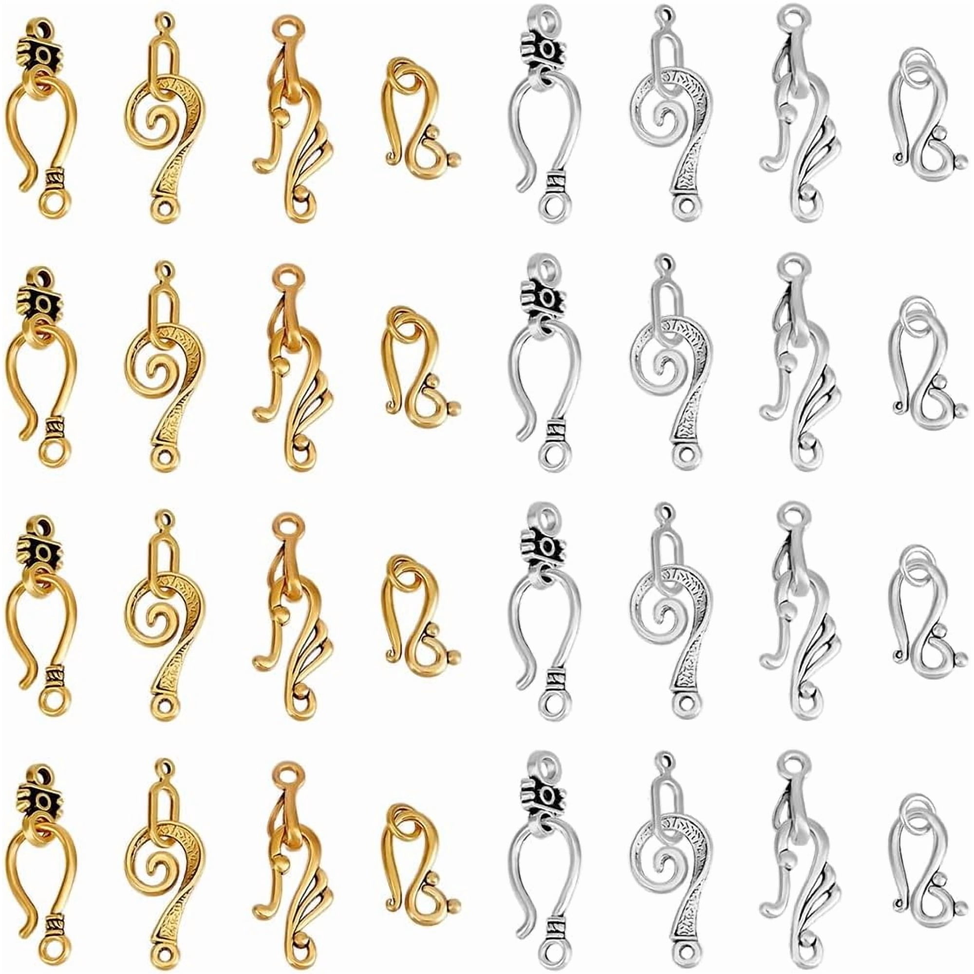 120 Sets Tibetan S Hook Ring Toggle Clasps 4 Styles Toggle Jewelry Clasps End Clasps Connectors Jewelry Closure Clasps for Bracelet Necklace Jewelry Making Antique Silver/Antique Golden