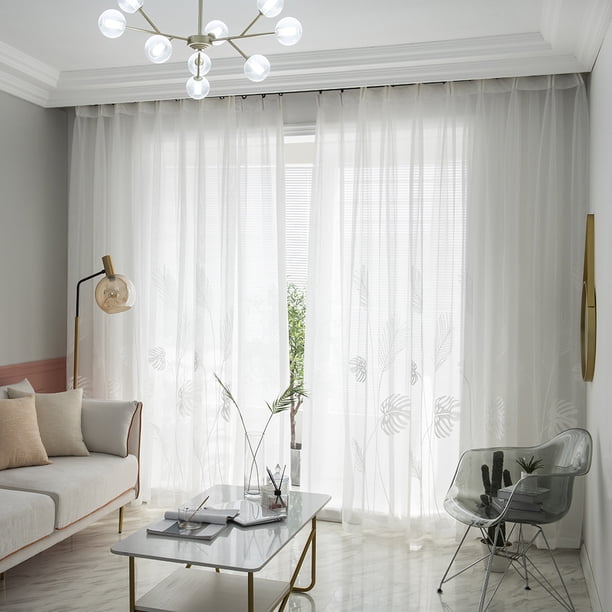 Cortina De Gasa Ventanas de hoja de palma Cortinas de tul Sala de estar Dormitorio Cortinas de pantalla (Blanco)