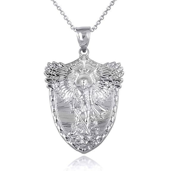 Factory Direct Jewelry Archangel Saint Michael Wings Sword & Shield Pendant Necklace, 925 Sterling Silver, 18" Rolo Chain