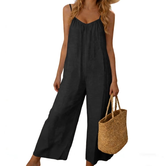 Womens Loose Sleeveless Jumpsuits Open Back Adjustable Spaghetti Strap Long Pant Romper Jumpsuit