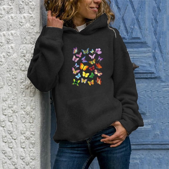 Tbopshirt Tops for Women,Fashion Women Long Sleeve Butterfly Print Hooded Pocket Casual Sweatshirt Top Shirt
