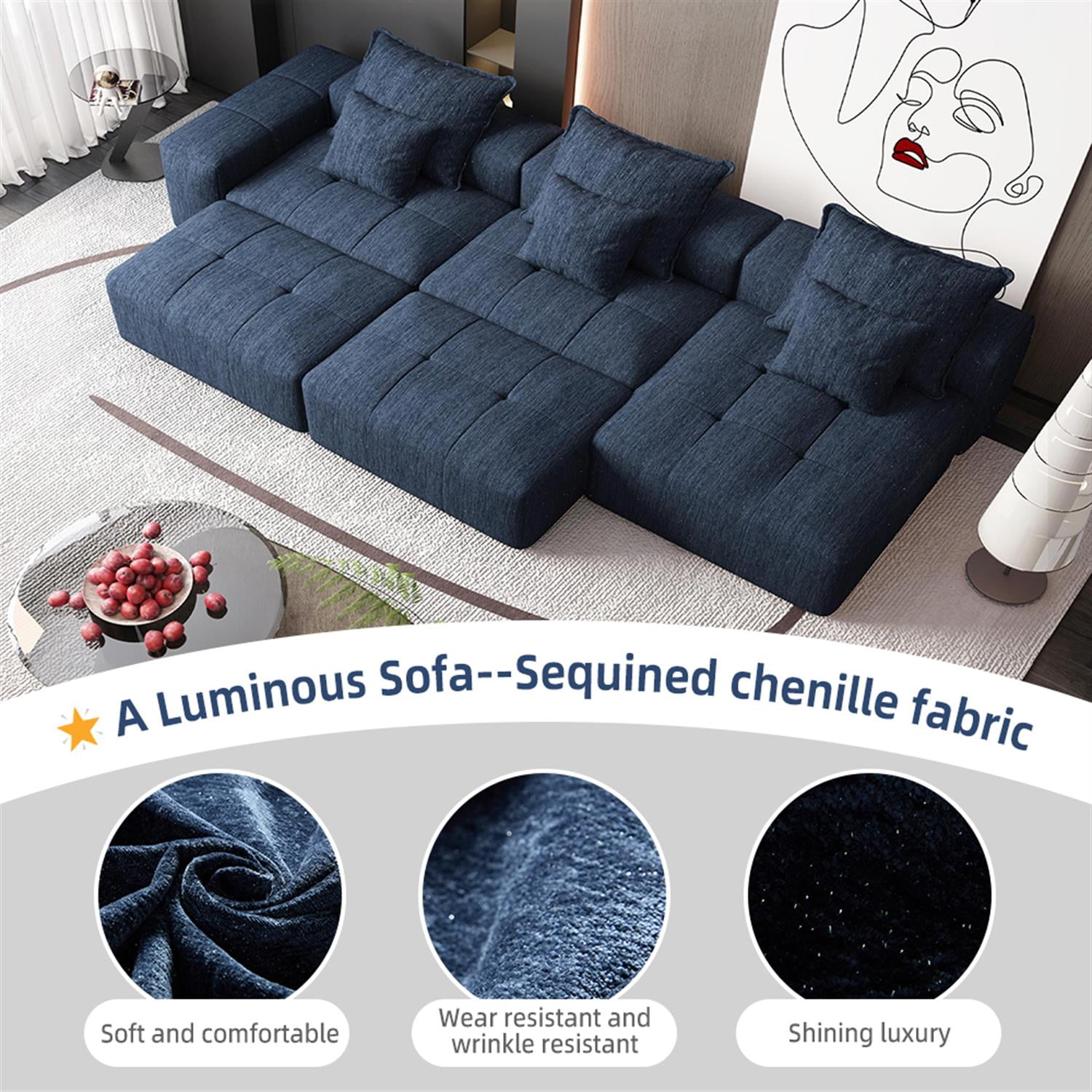 Demi Bonn 170" Oversized Modular Sofa with 6 Pillows Included, Sparkling Chenille Fabric DIY Tufted Sectional Couch for Living Room, No Assembly Needed, Blue